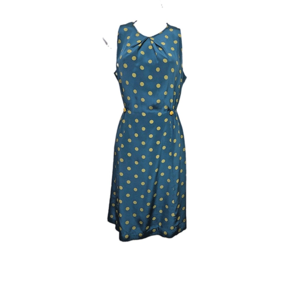 Anthropologie Girls From Savoy Teal Polka dot Silk 40s Vintage Style Dress Sz 6